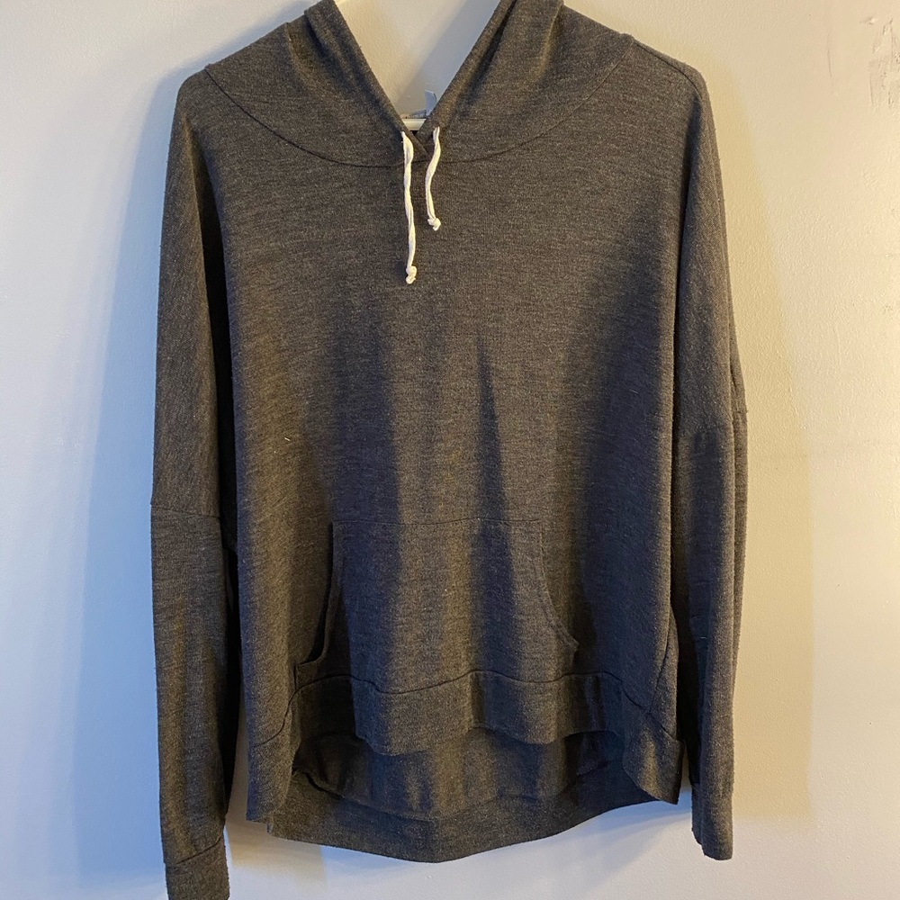Gray hooded long sleeve shirt